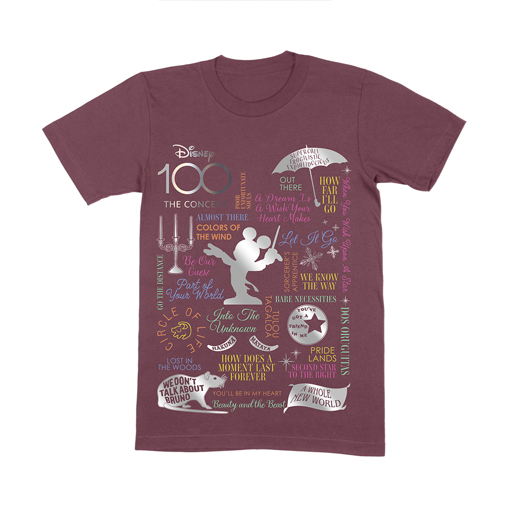 Disney - Disney 100 - The Concert - Maroon 'Songlist Graphic' Kids T-Shirt